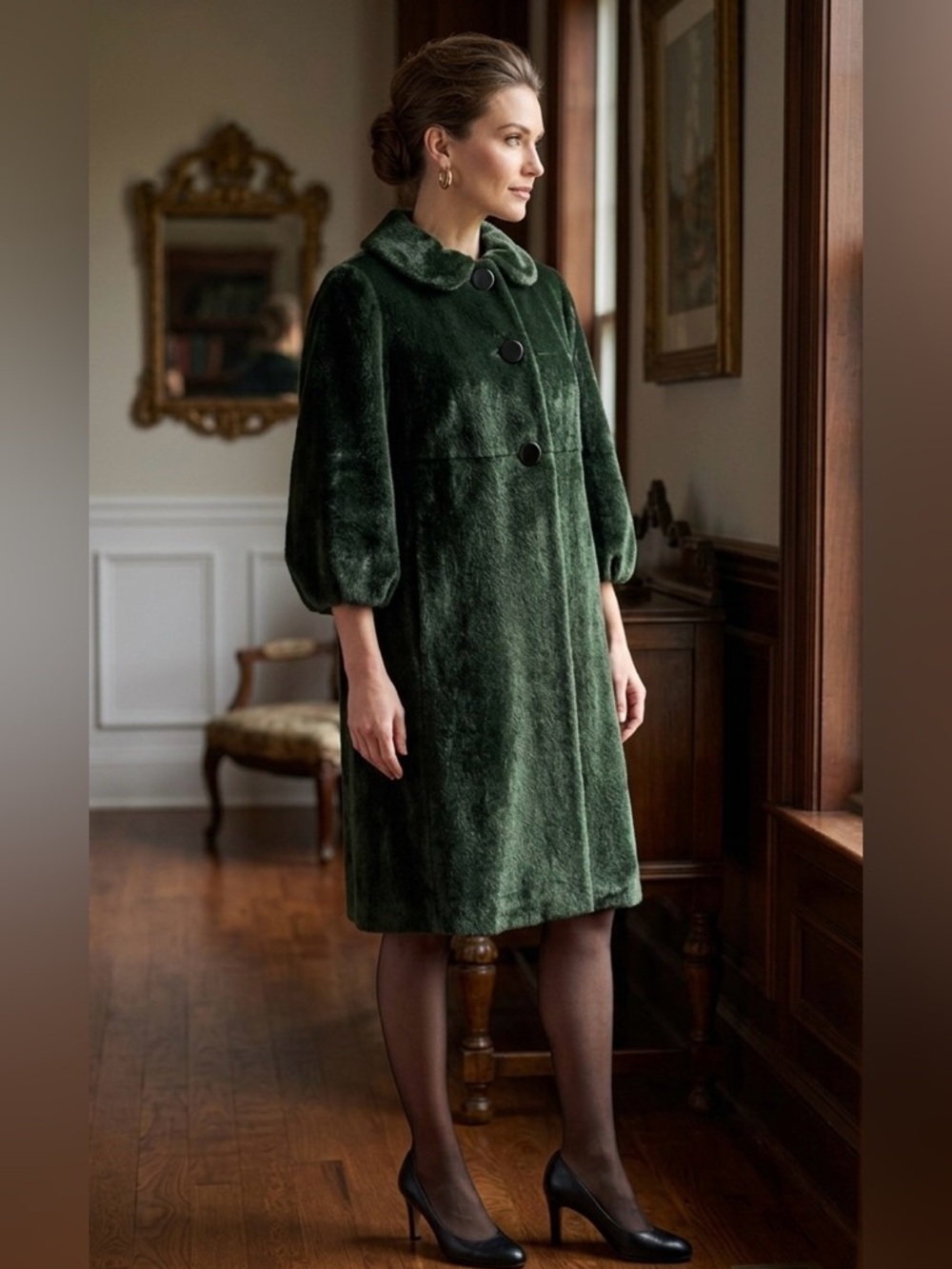Vintage L. Vivianni Italian Green Faux Fur Swing Coat | Mod 60s Style | Size 6